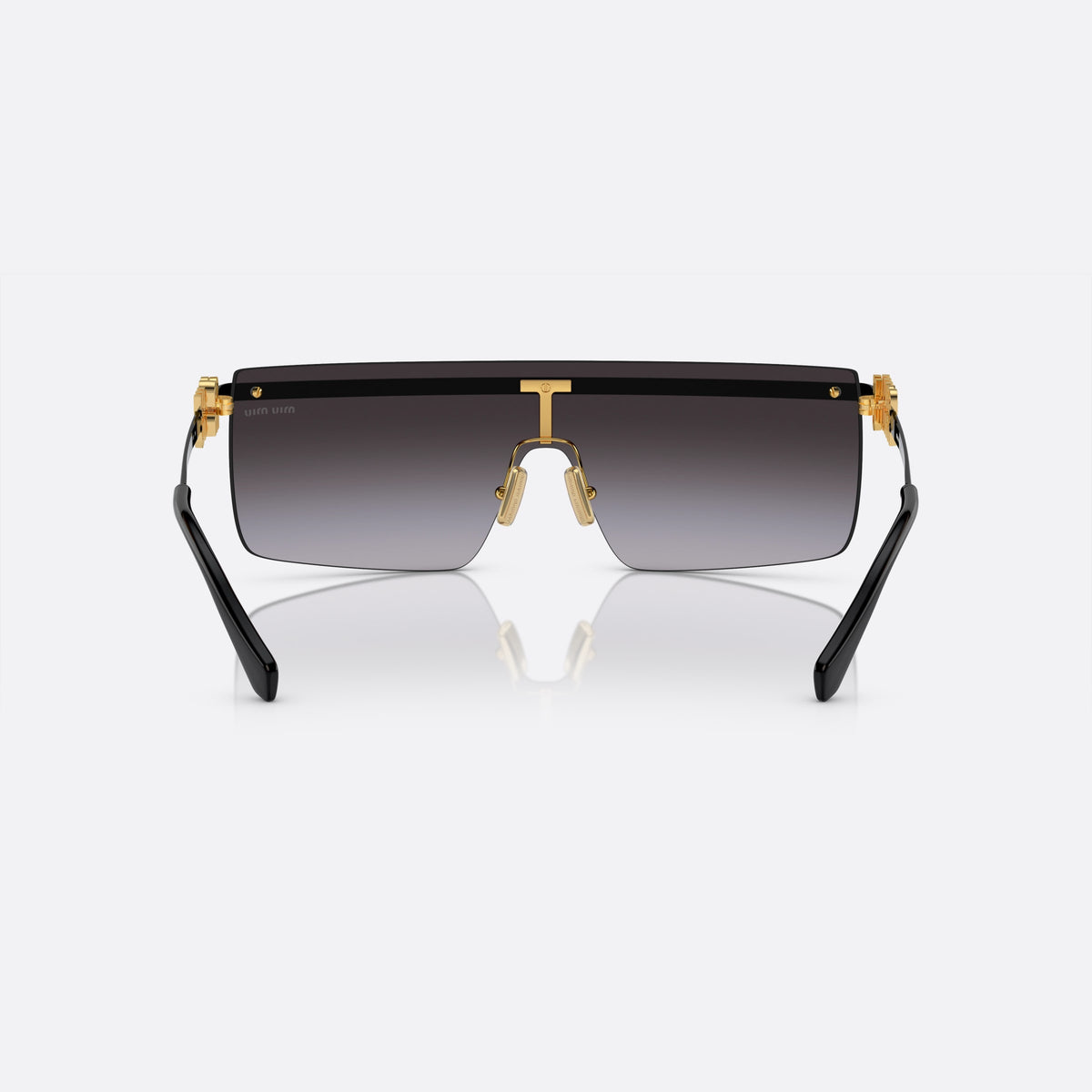 Miu Miu SMU 50ZS 1AB-5D1 B sunglasses, black geometric frame for women, plain metal bridge, brand lettering on temples, back view