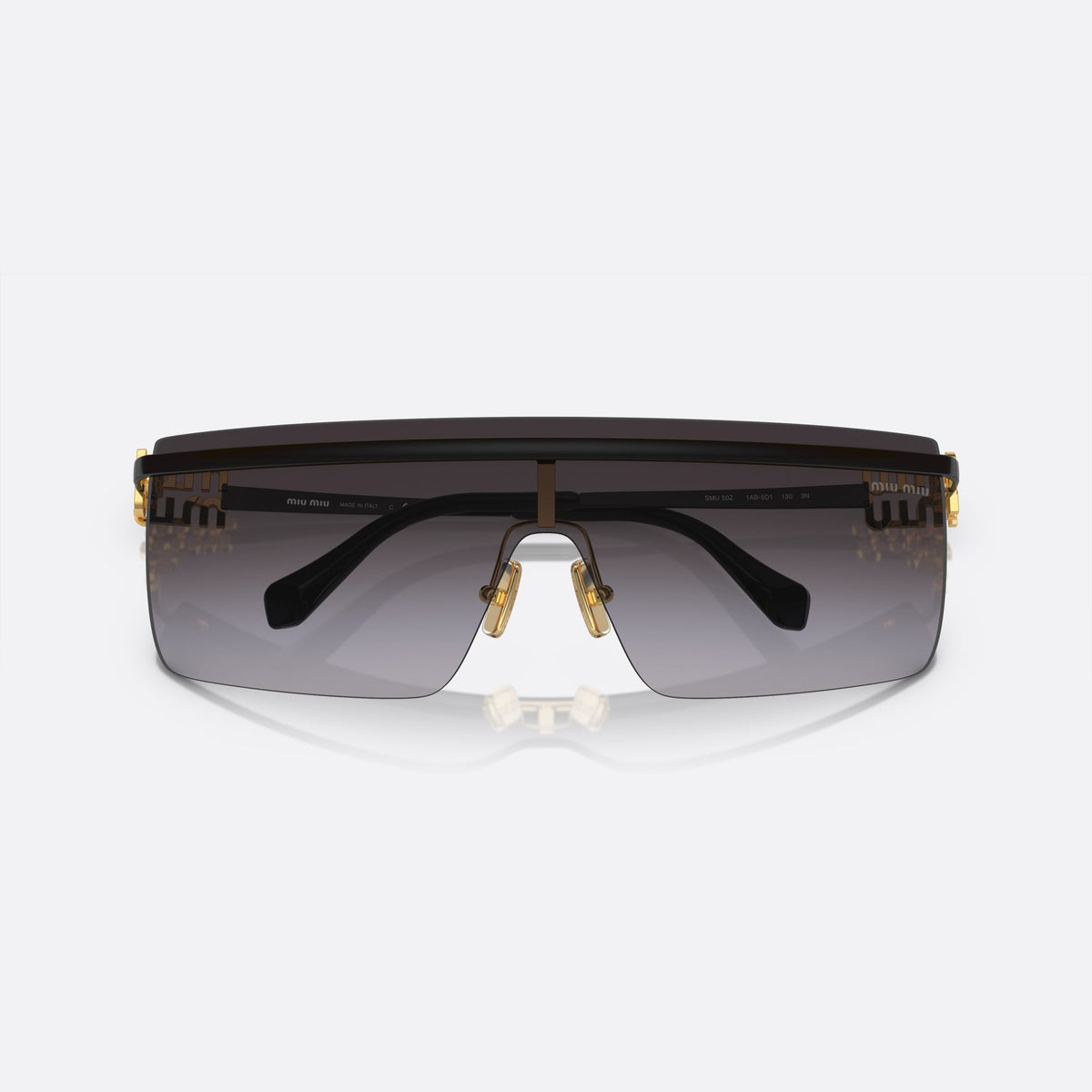 Miu Miu SMU 50ZS 1AB-5D1 B sunglasses, black geometric frame for women, plain metal bridge, brand lettering on temples, folded