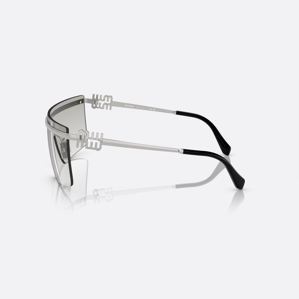 Miu Miu SMU 50ZS 1BC-8K1 sunglasses, silver geometric frame for women, metal bridge with nose pad arms, side view