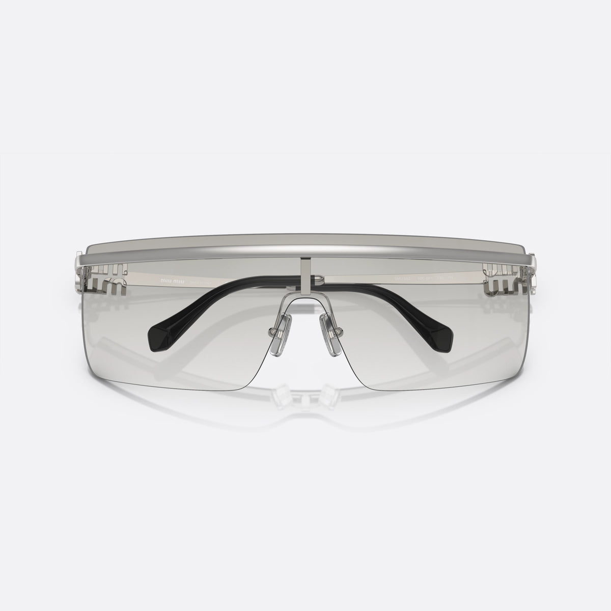 Miu Miu SMU 50ZS 1BC-8K1 sunglasses, silver geometric frame for women, metal bridge with nose pad arms, folded