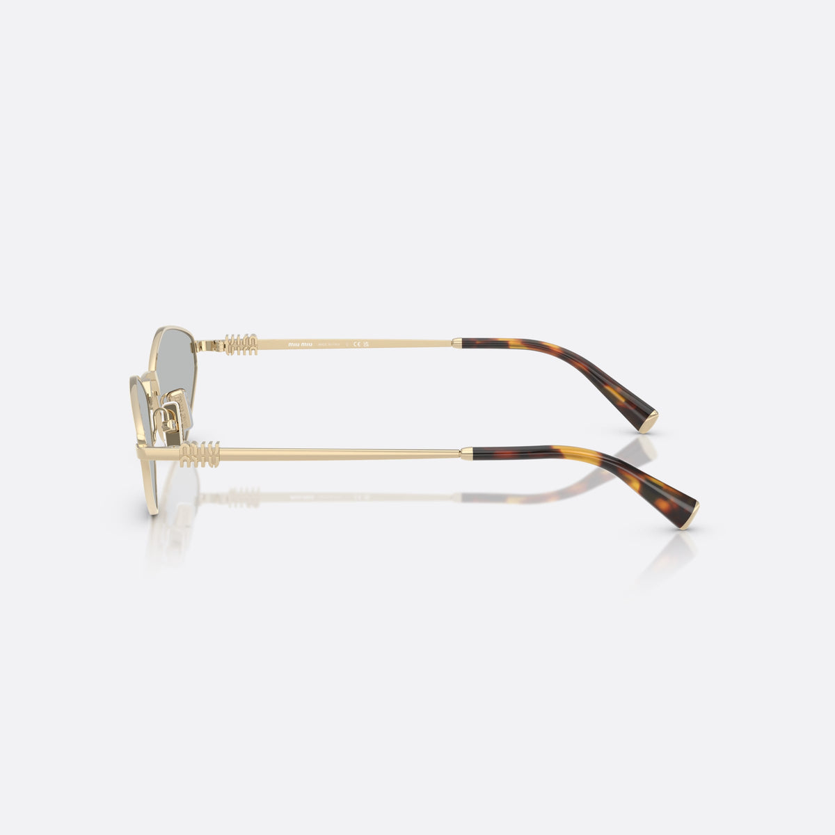 Ochelari de soare Miu Miu SMU 56ZS ZVN50K, neregulat auriu, pentru femei, punte metalică simplă, litere ale brandului pe brațe, vedere laterală