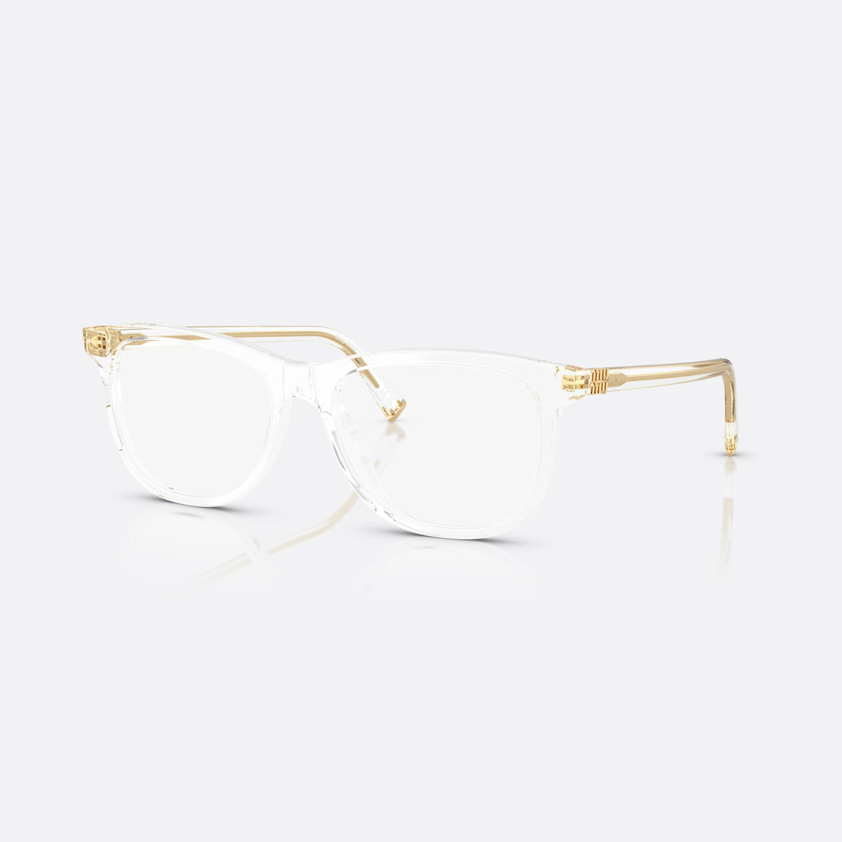 Miu Miu MU 01WV 15Z1O1 eyeglasses, clear squared frame for women, plain bridge, brand lettering on the temples, full-rim frame