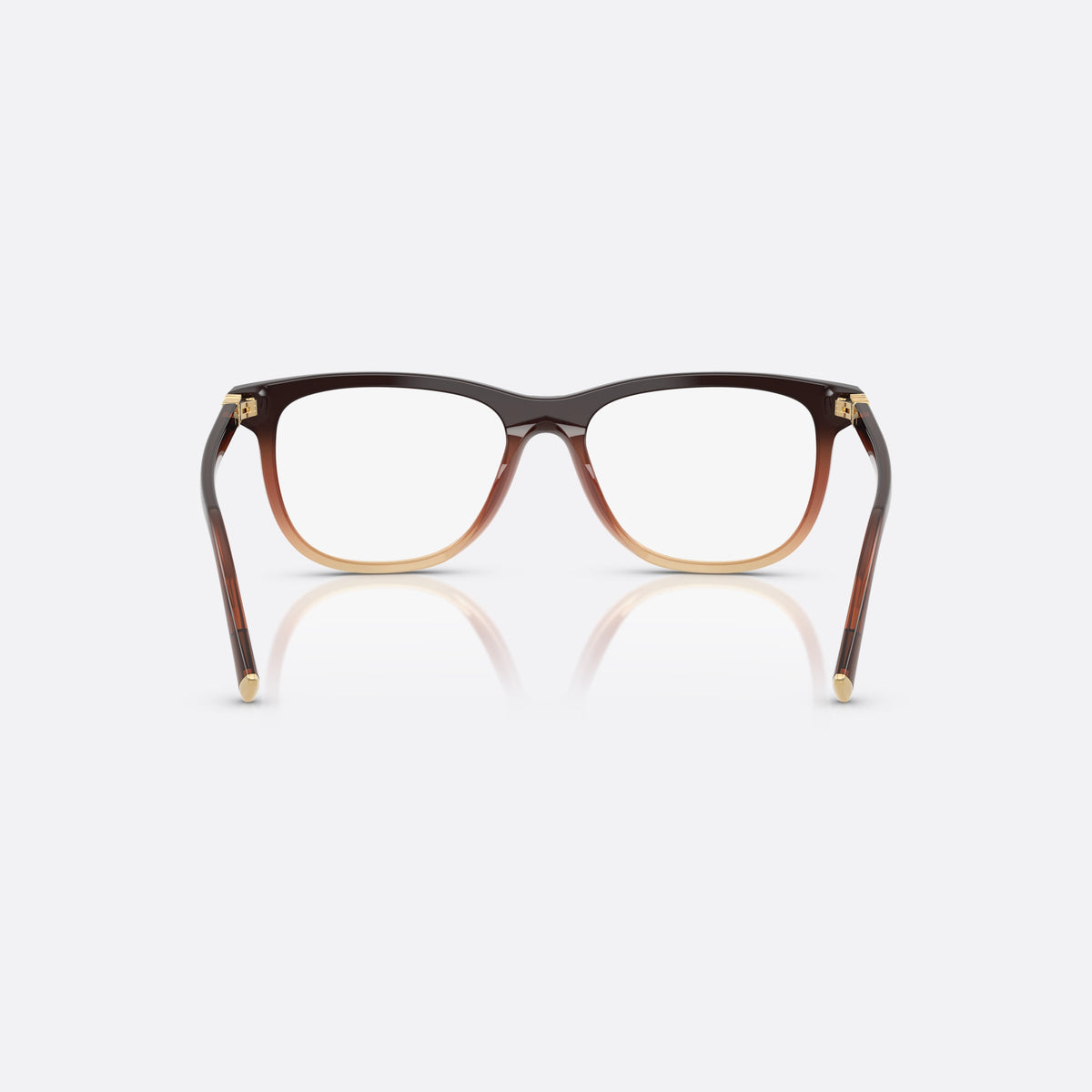 Miu Miu MU 01WV 24C1O1 eyeglasses, brown squared frame for women, keyhole bridge, brand lettering on temple, full-rim frame, back view