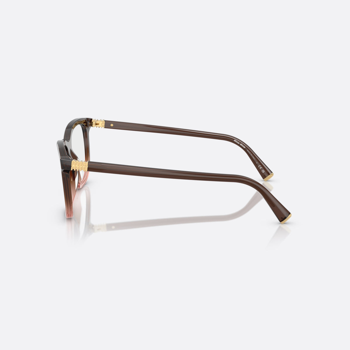 Miu Miu VMU 01WV 25C1O1 eyeglasses, brown squared frame for women, plain bridge with central ridge, full-rim thick frame, side view
