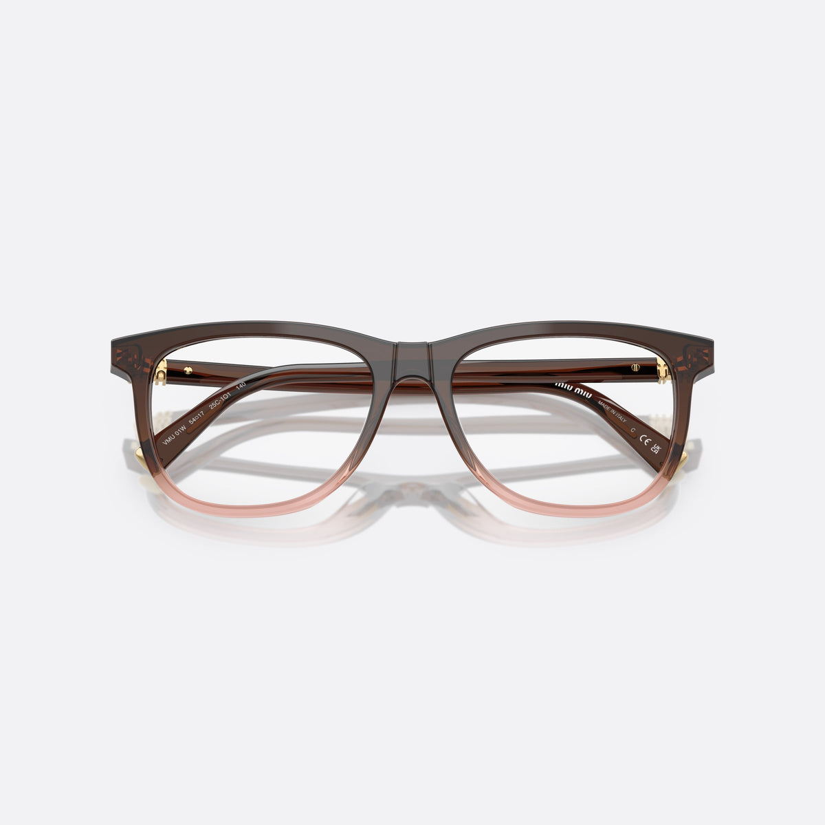 Miu Miu VMU 01WV 25C1O1 eyeglasses, brown squared frame for women, plain bridge with central ridge, full-rim thick frame, folded