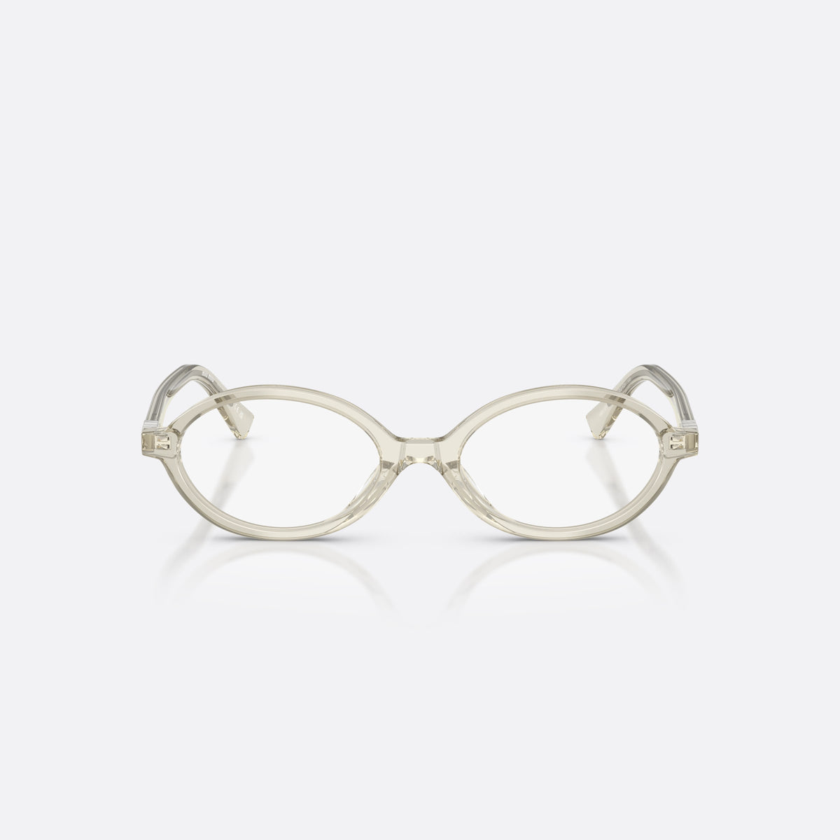 Miu Miu VMU 01XV 12U1O1 eyeglasses, clear geometric frame for women, plain integrated bridge, brand lettering on temples, front view