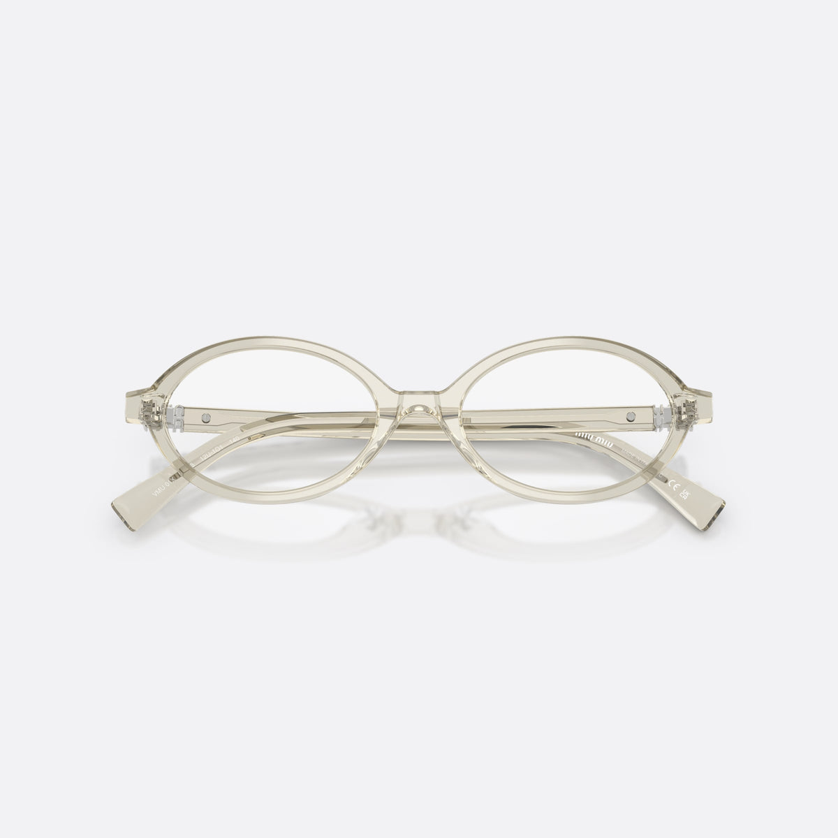 Miu Miu VMU 01XV 12U1O1 eyeglasses, clear geometric frame for women, plain integrated bridge, brand lettering on temples, folded