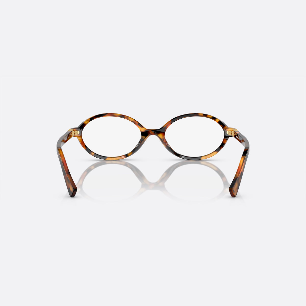 Miu Miu VMU 01XV 19P-1O1 eyeglasses, havana geometric frame for women, plain bridge, integrated into rims, slim tapered temples, back view