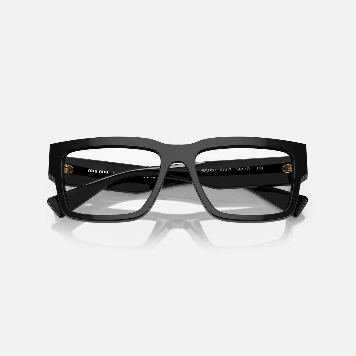 Rame ochelari de vedere Miu Miu VMU 02XV 1AB-1O1 E, geometrica negru, pentru femei, punte dublă simplă, logo al brandului pe brațe, cu brațele pliate