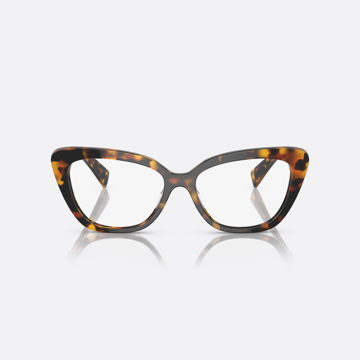 Miu Miu MU 05VV VAU-1O1 eyeglasses, havana squared frame for women, plain bridge with dip, brand lettering on temple, front view