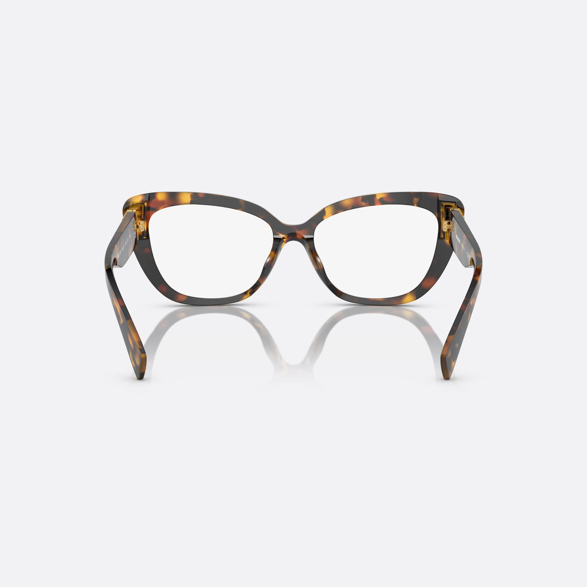 Miu Miu MU 05VV VAU-1O1 eyeglasses, havana squared frame for women, plain bridge with dip, brand lettering on temple, back view