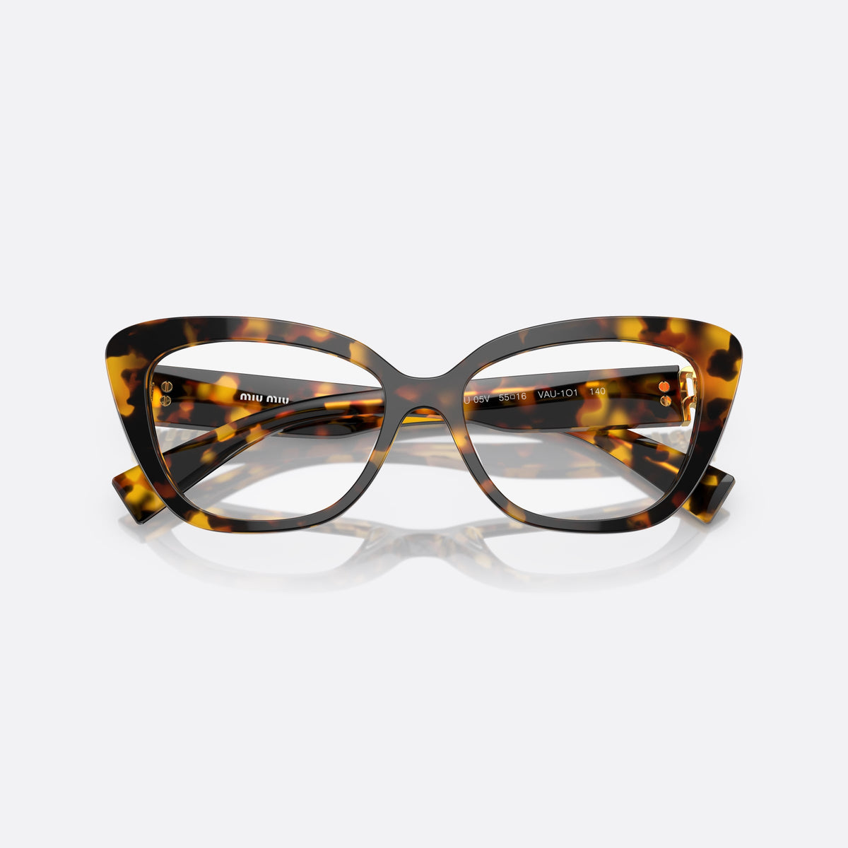 Miu Miu MU 05VV VAU-1O1 eyeglasses, havana squared frame for women, plain bridge with dip, brand lettering on temple, folded