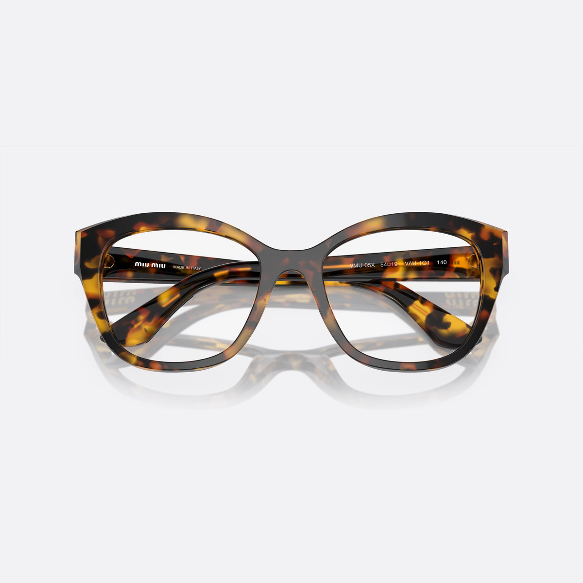 Miu Miu MU 05XV VAU-1O1 eyeglasses, havana squared frame for women, plain saddle bridge, brand lettering on temples, folded
