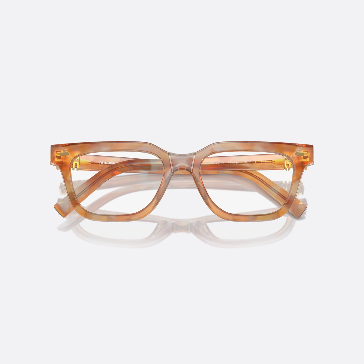 Miu Miu VMU 07XV 13U1O1 eyeglasses, havana geometric frame for women, plain bridge, acetate, brand lettering on the temples, folded