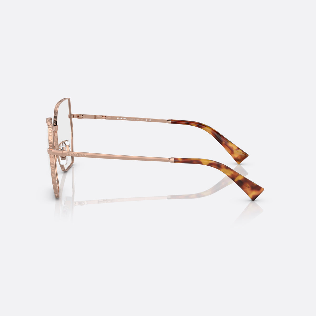Rame ochelari de vedere Miu Miu VMU 50VV ZVF-1O1, geometrica auriu, pentru femei, punte metalică simplă, literele brandului pe brațe, vedere laterală