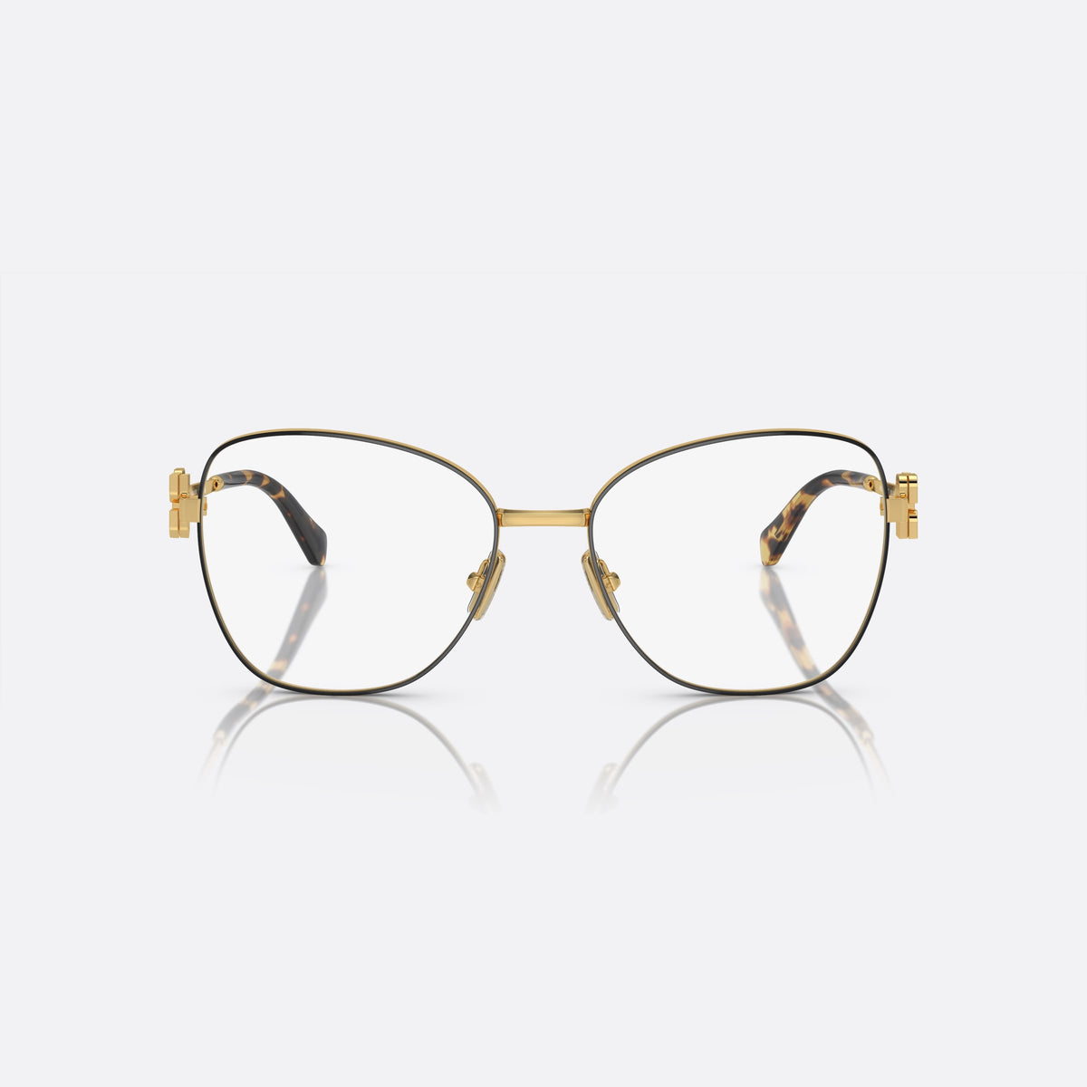Miu Miu VMU 50XV KUI-1O1 eyeglasses, black geometric frame for women, plain metal bridge, brand logo on temples, front view