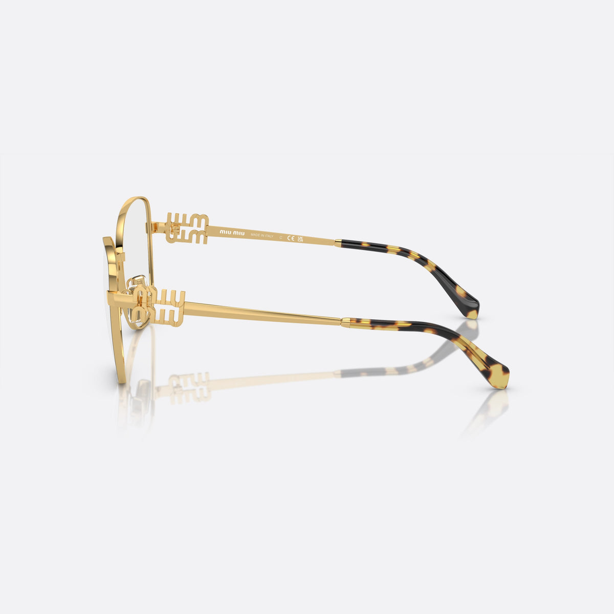 Miu Miu VMU 50XV KUI-1O1 eyeglasses, black geometric frame for women, plain metal bridge, brand logo on temples, side view