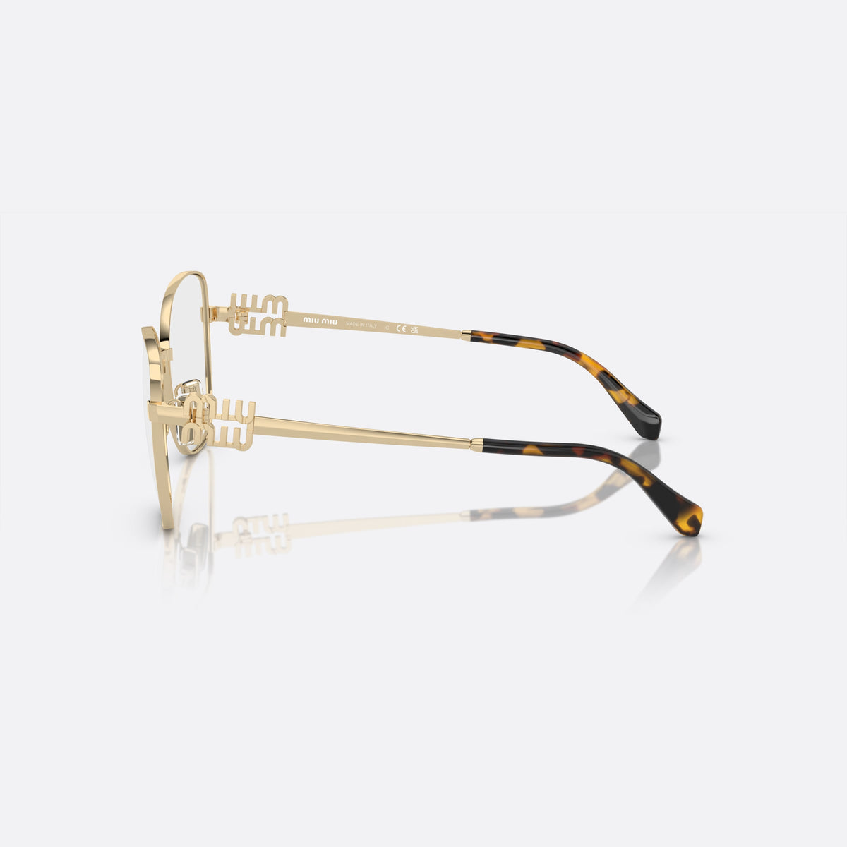 Rame ochelari de vedere Miu Miu VMU 50XV ZVN-1O1 C, geometrica auriu, pentru femei, punte metalică simplă, plachetă cu logoul brandului pe brațe, vedere laterală