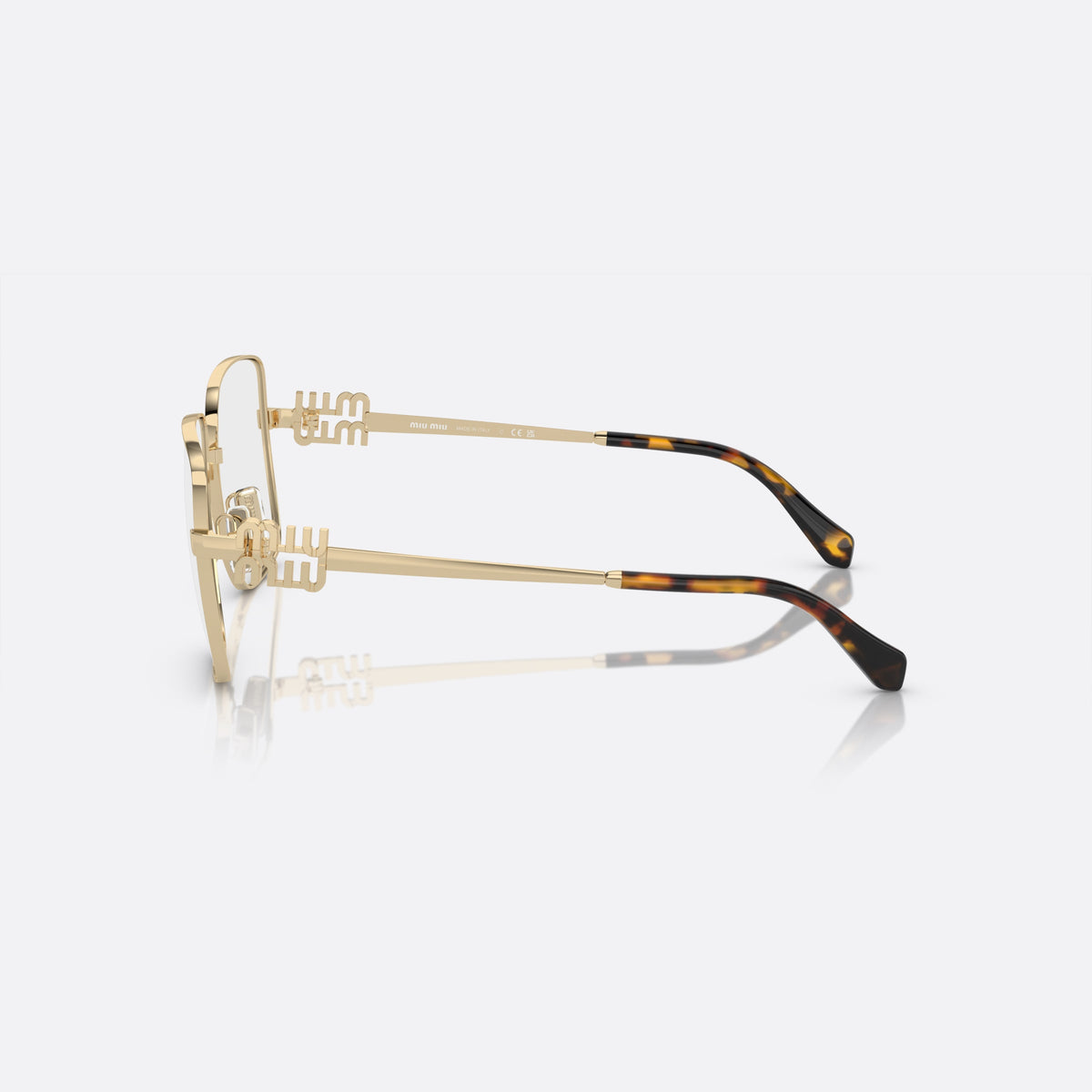 Miu Miu MU 51XV ZVN-1O1 C eyeglasses, gold squared frame for women, plain metal bridge, brand logo on temples, side view