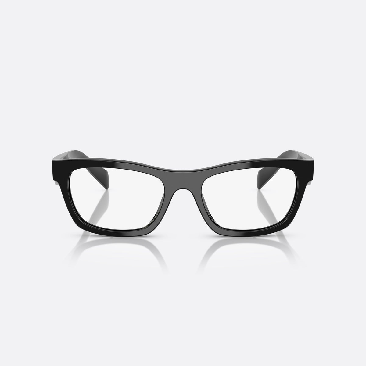Prada MOD. B01V 16K1O1 eyeglasses, black visor frame for women, plain bridge, integrated into front, wide tapered temples, front view