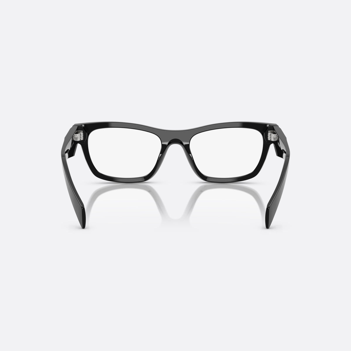 Prada MOD. B01V 16K1O1 eyeglasses, black visor frame for women, plain saddle-style bridge, brand lettering on temples, back view