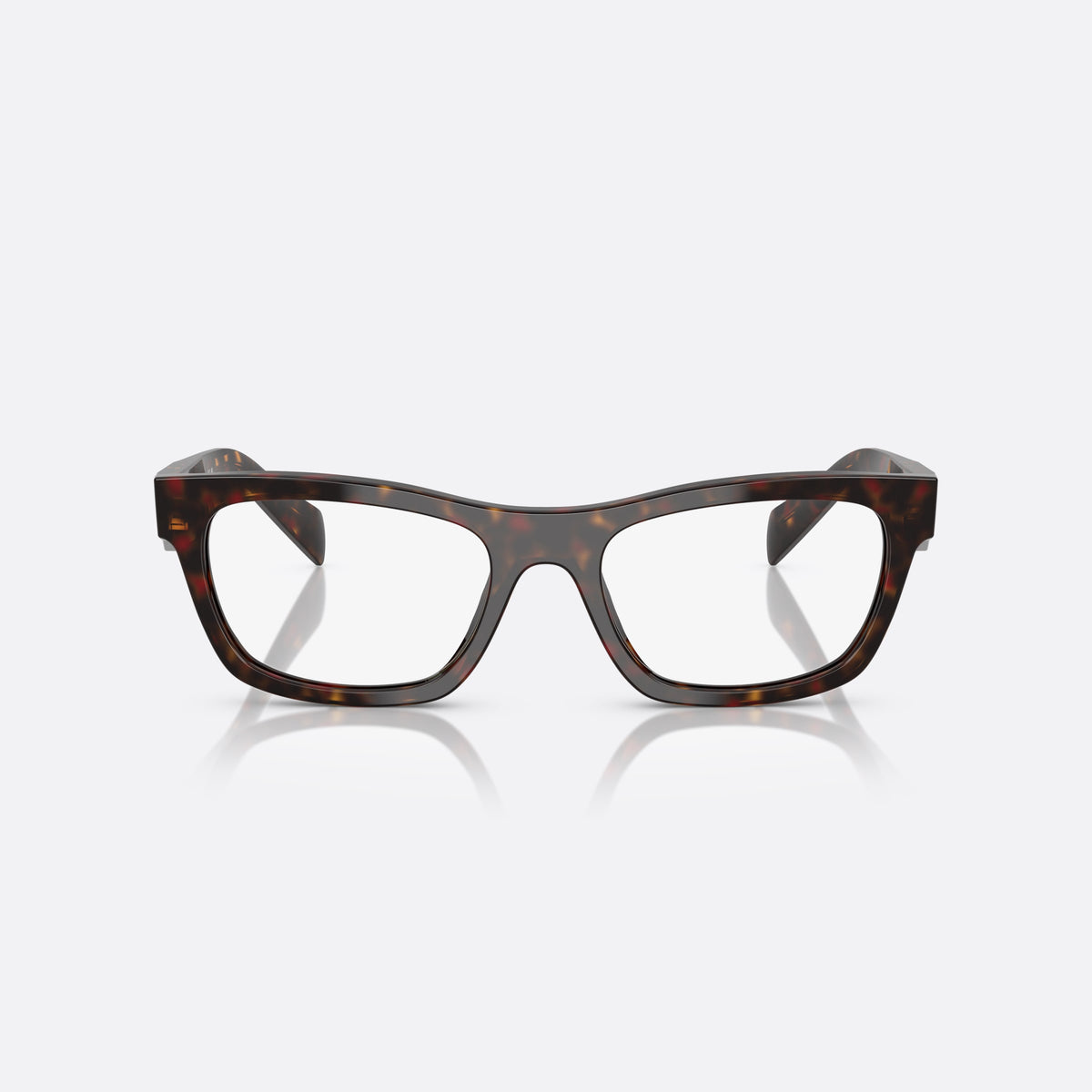 Prada MOD. B01V 17N1O1 eyeglasses, havana visor frame for women, plain saddle bridge, brand logo plaque on temple, front view
