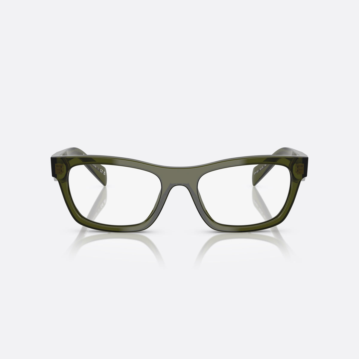 Prada MOD. B01V 19Z1O1 eyeglasses, green visor frame for women, plain bridge, integrated into front, brand logo on temple, front view