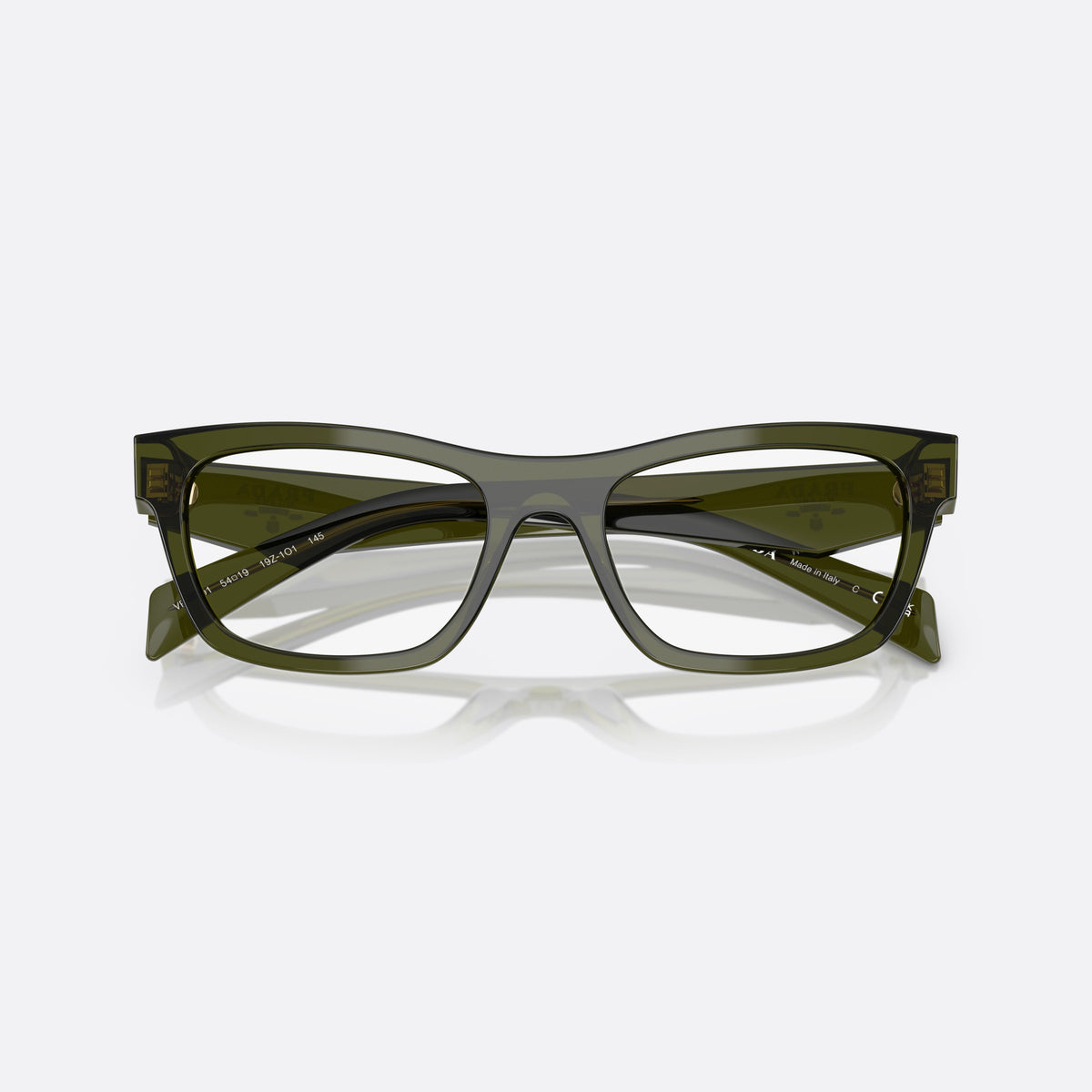 Prada MOD. B01V 19Z1O1 eyeglasses, green visor frame for women, plain bridge, integrated into front, brand logo on temple, folded