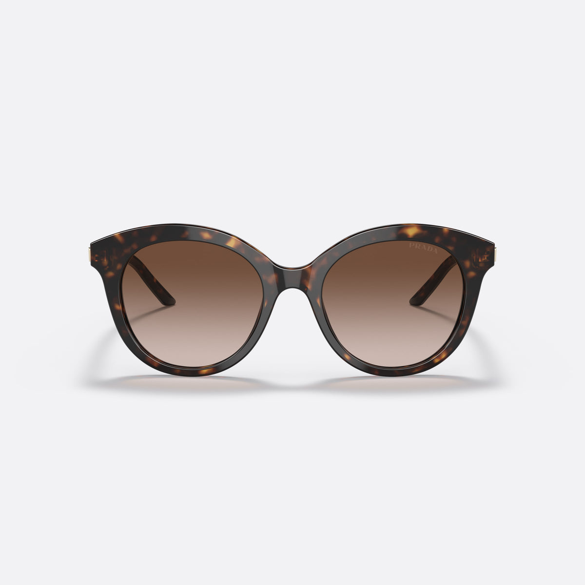 Prada PR 02YS 02YS sunglasses, havana round frame for women, plain acetate bridge, brand logo plaque on temple, front view