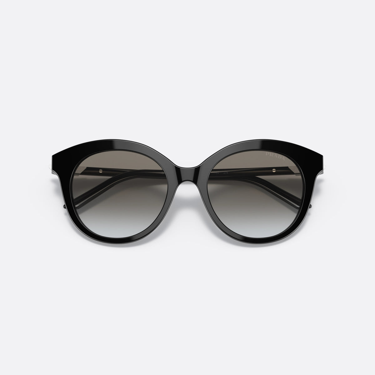Ochelari de soare Prada PR 02YS 1AB0A7, rotunzi negru, pentru femei, punte simplă, placă cu logo pe braț, cu brațele pliate