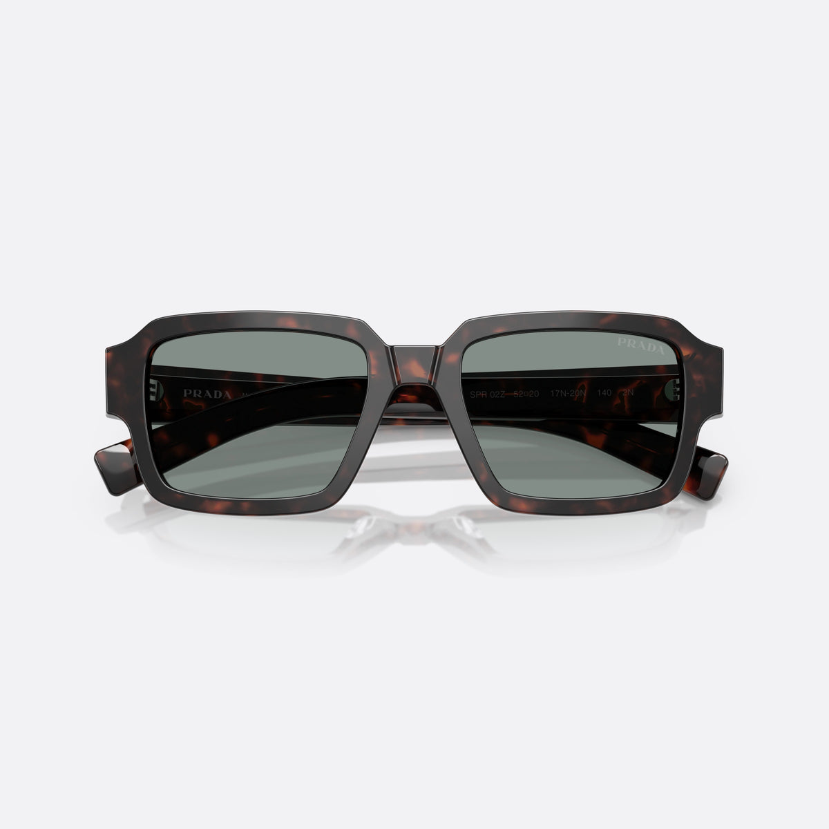 Prada PR 02ZS 17N20N TOBL sunglasses, brown geometric frame for men, double bridge with dark acetate, brand lettering on temples, folded