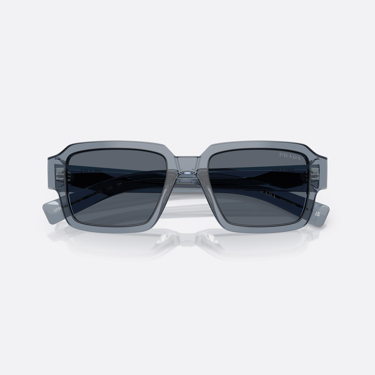 Prada PR 02ZS 17T07T sunglasses, blue square frame for men, plain bridge, brand lettering on the temples, full-rim frame, folded