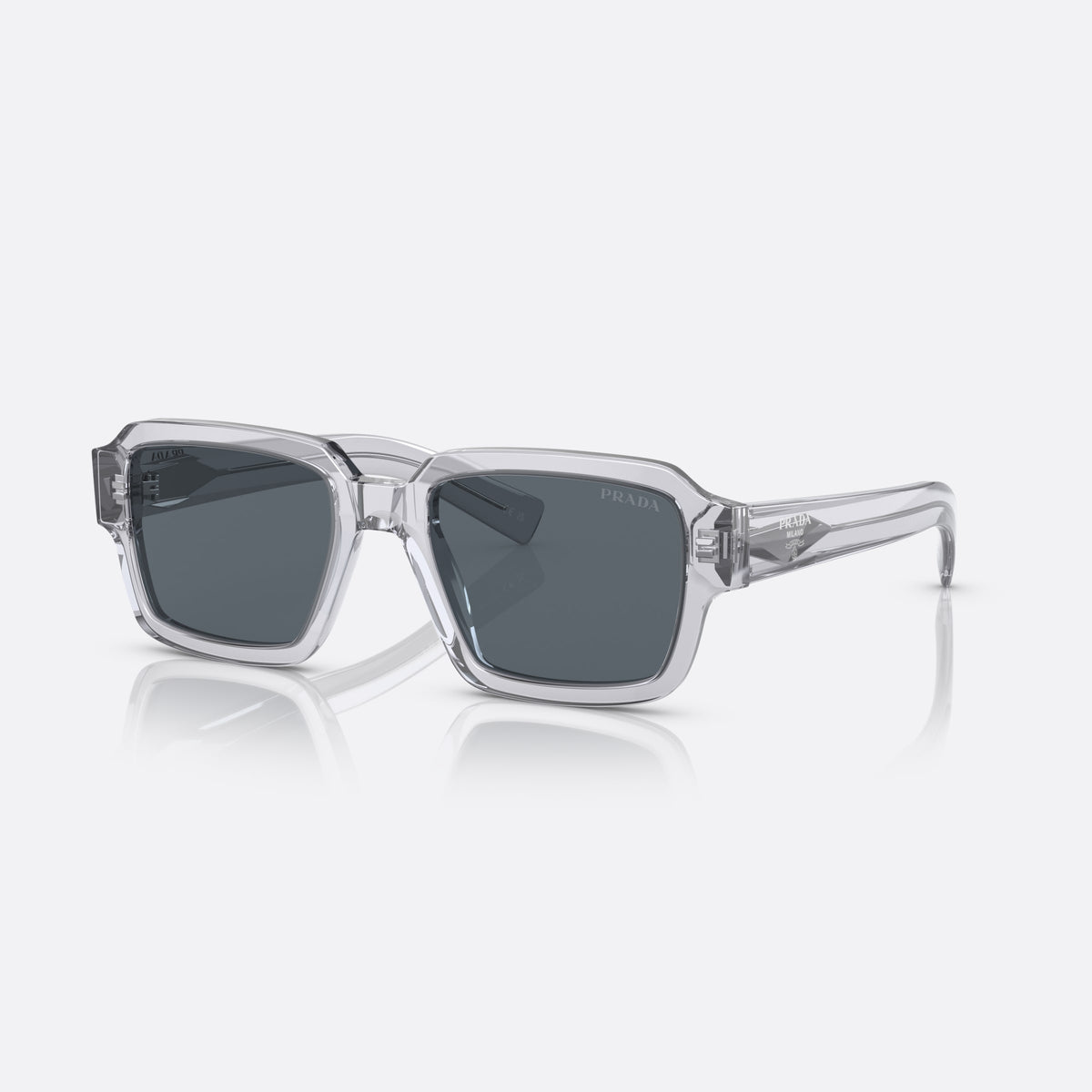 Prada PR 02ZS U43-0A9 sunglasses, grey square frame for men, plain integrated bridge, brand lettering on temples