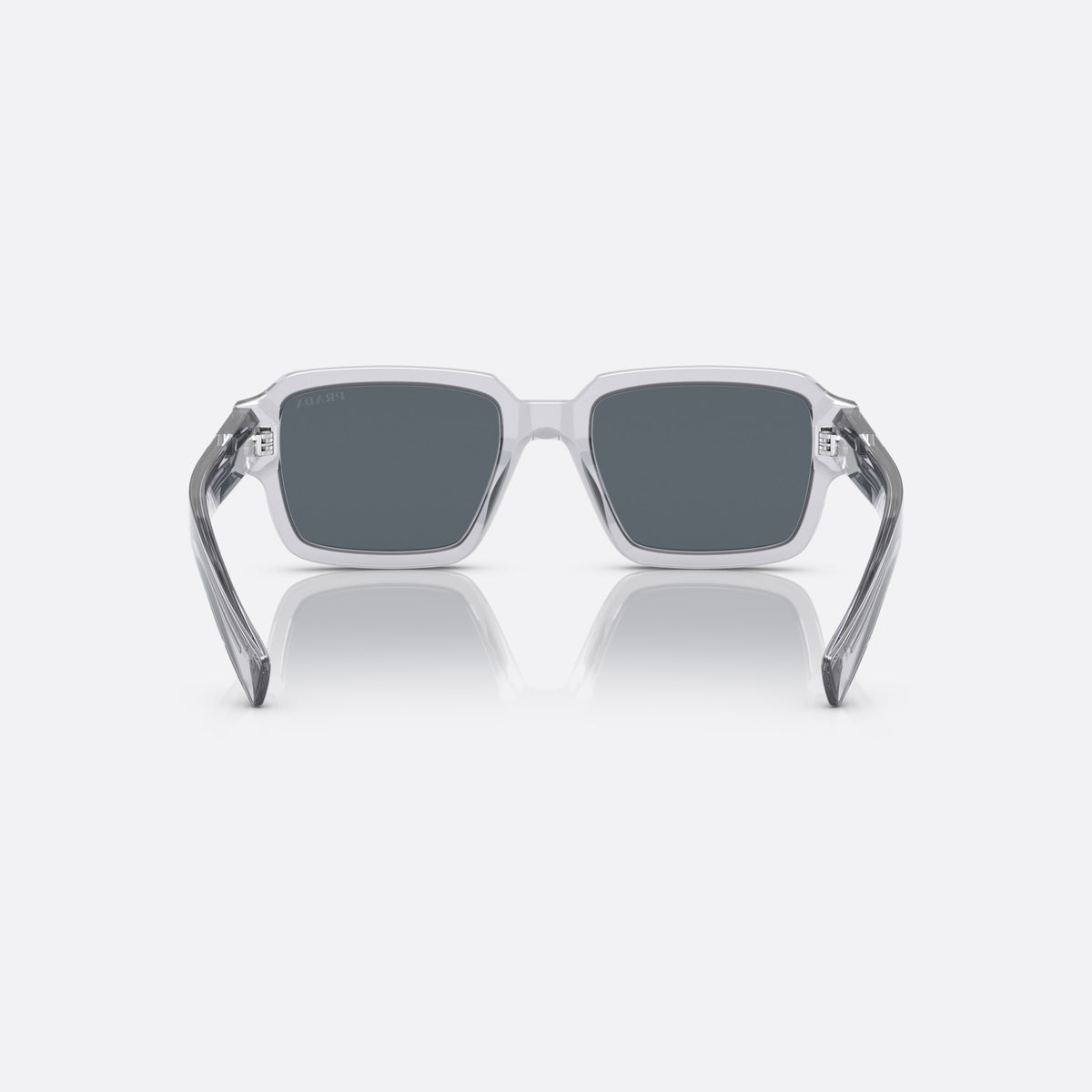 Prada PR 02ZS U43-0A9 sunglasses, grey square frame for men, plain integrated bridge, brand lettering on temples, back view