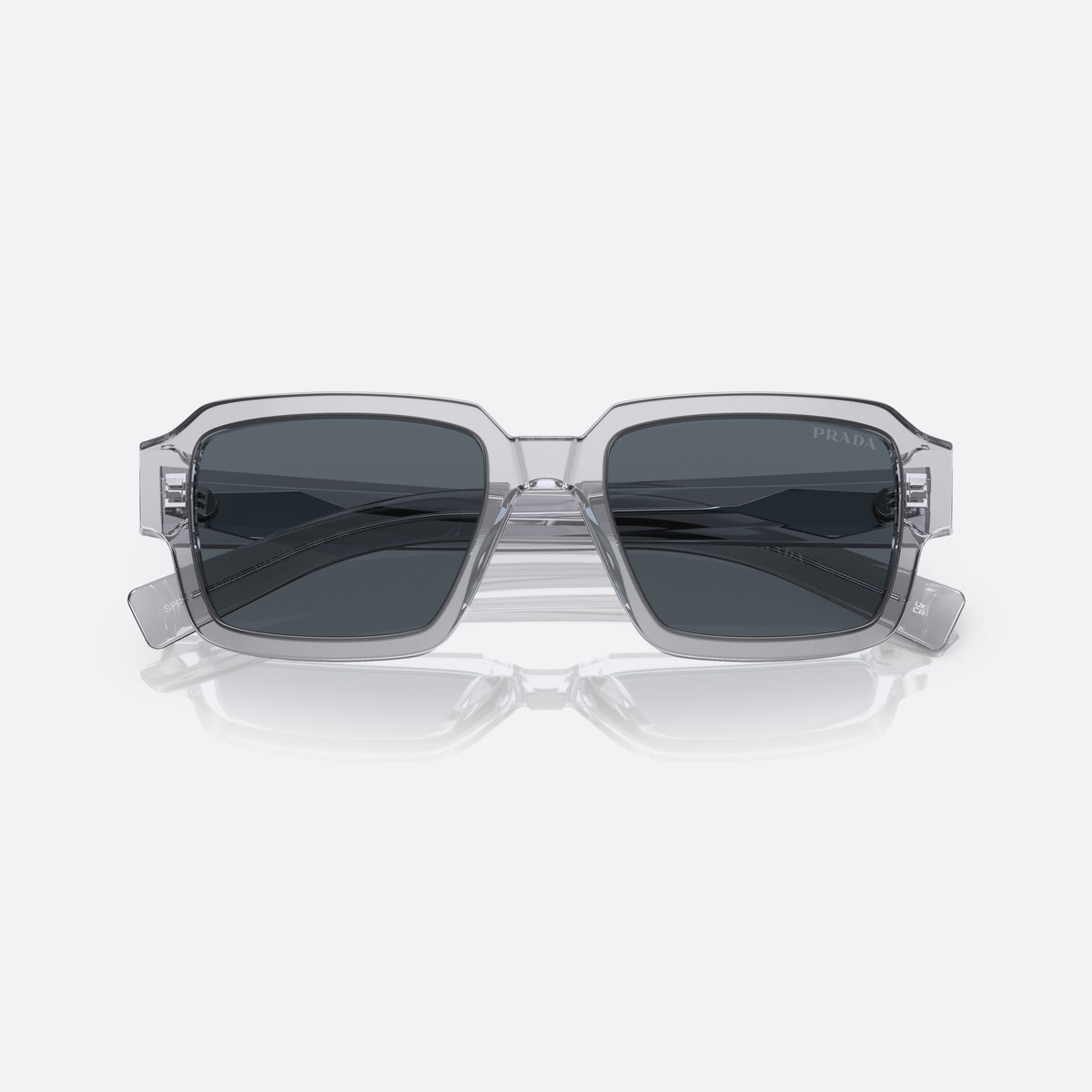 Prada PR 02ZS U43-0A9 sunglasses, grey square frame for men, plain integrated bridge, brand lettering on temples, folded