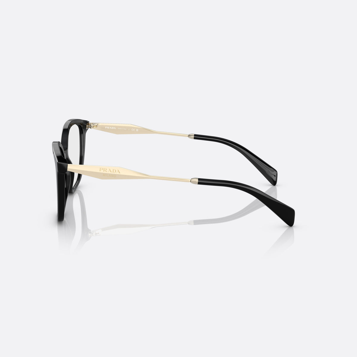 Prada PR 02ZV 1AB-1O1 eyeglasses, black butterfly frame for women, saddle-style bridge, integrated, brand logo plaque on temple