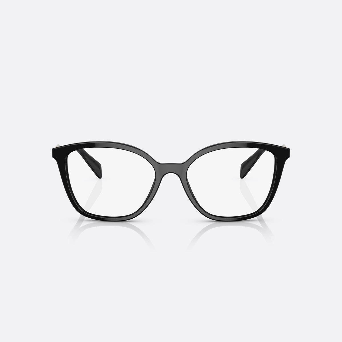 Prada PR 02ZV 1AB-1O1 eyeglasses, black butterfly frame for women, saddle-style bridge, integrated, brand logo plaque on temple