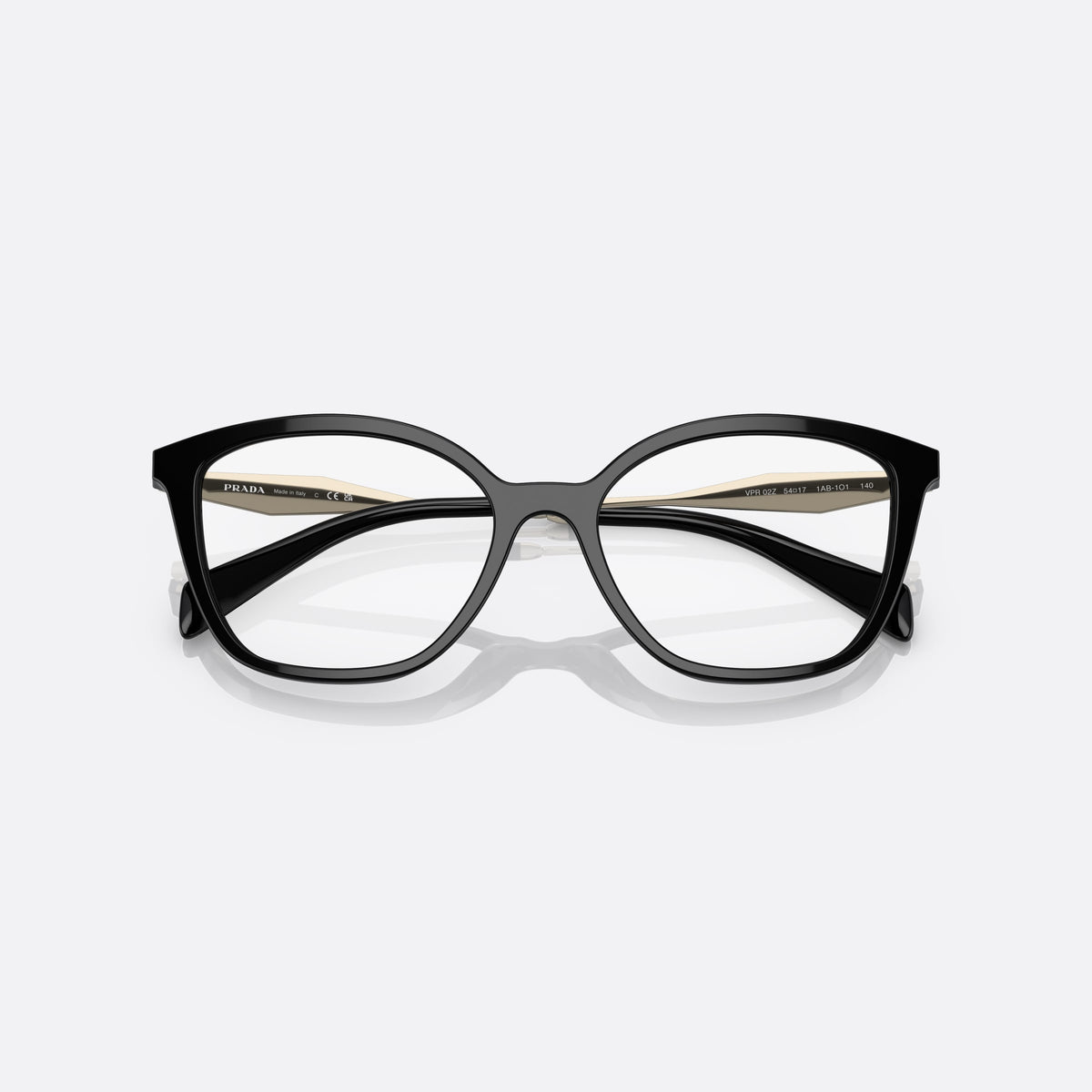 Prada PR 02ZV 1AB-1O1 eyeglasses, black butterfly frame for women, saddle-style bridge, integrated, brand logo plaque on temple