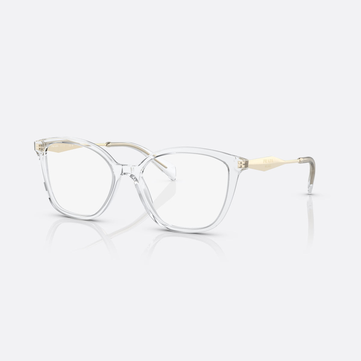Prada PR 02ZV 2AZ-1O1 eyeglasses, clear butterfly frame for women, plain bridge, brand lettering on temples