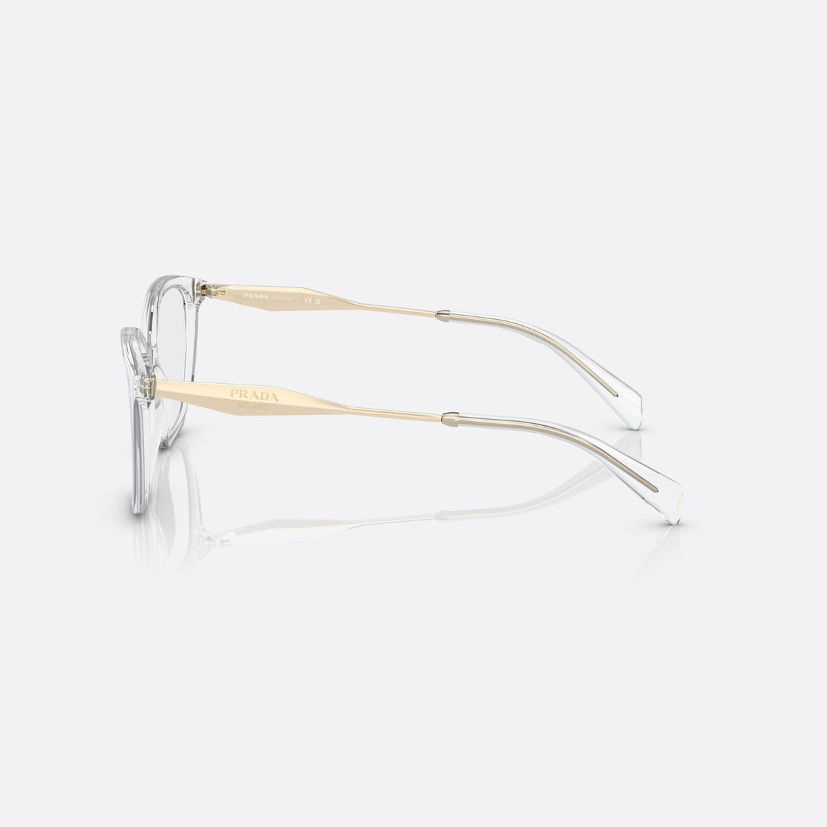 Prada PR 02ZV 2AZ-1O1 eyeglasses, clear butterfly frame for women, plain bridge, brand lettering on temples