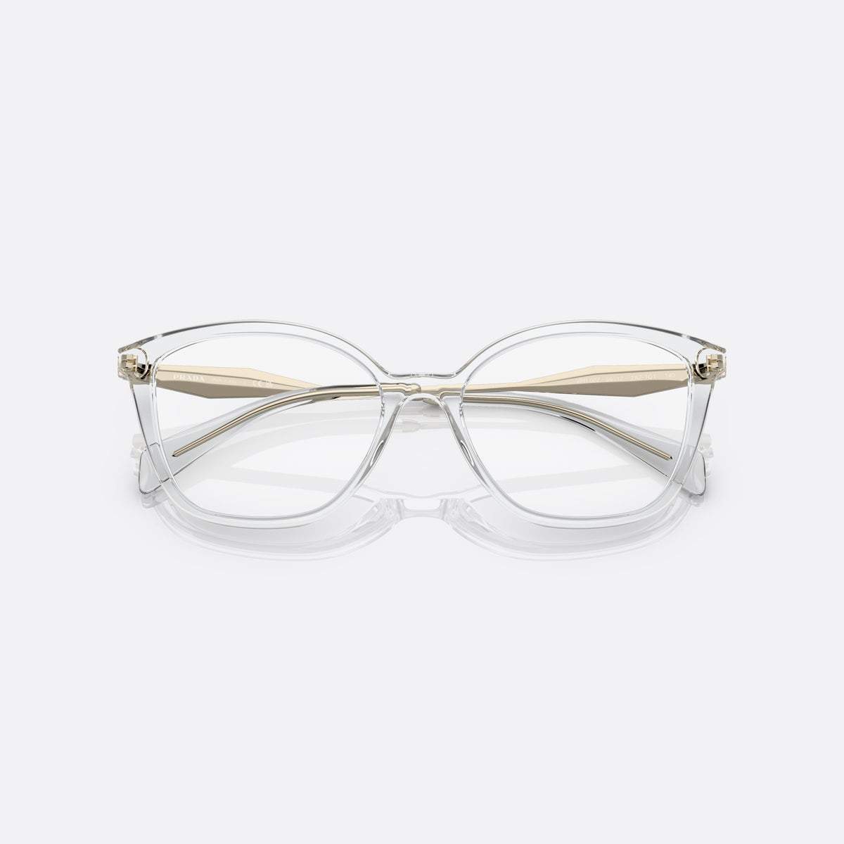 Prada PR 02ZV 2AZ-1O1 eyeglasses, clear butterfly frame for women, plain bridge, brand lettering on temples
