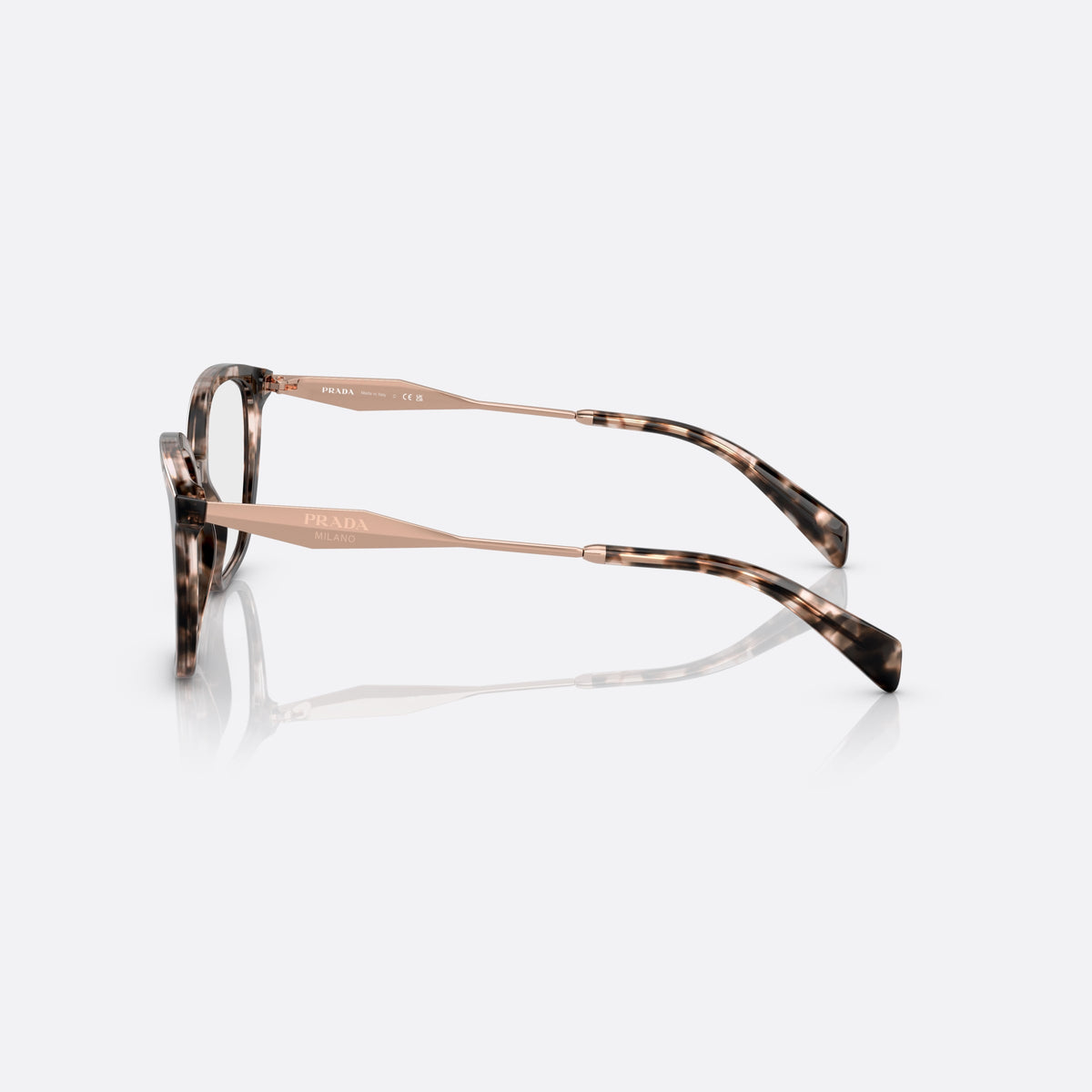 Prada PR 02ZV ROJ-1O1 eyeglasses, havana cat eye frame for women, keyhole bridge, brand lettering on temples, side view