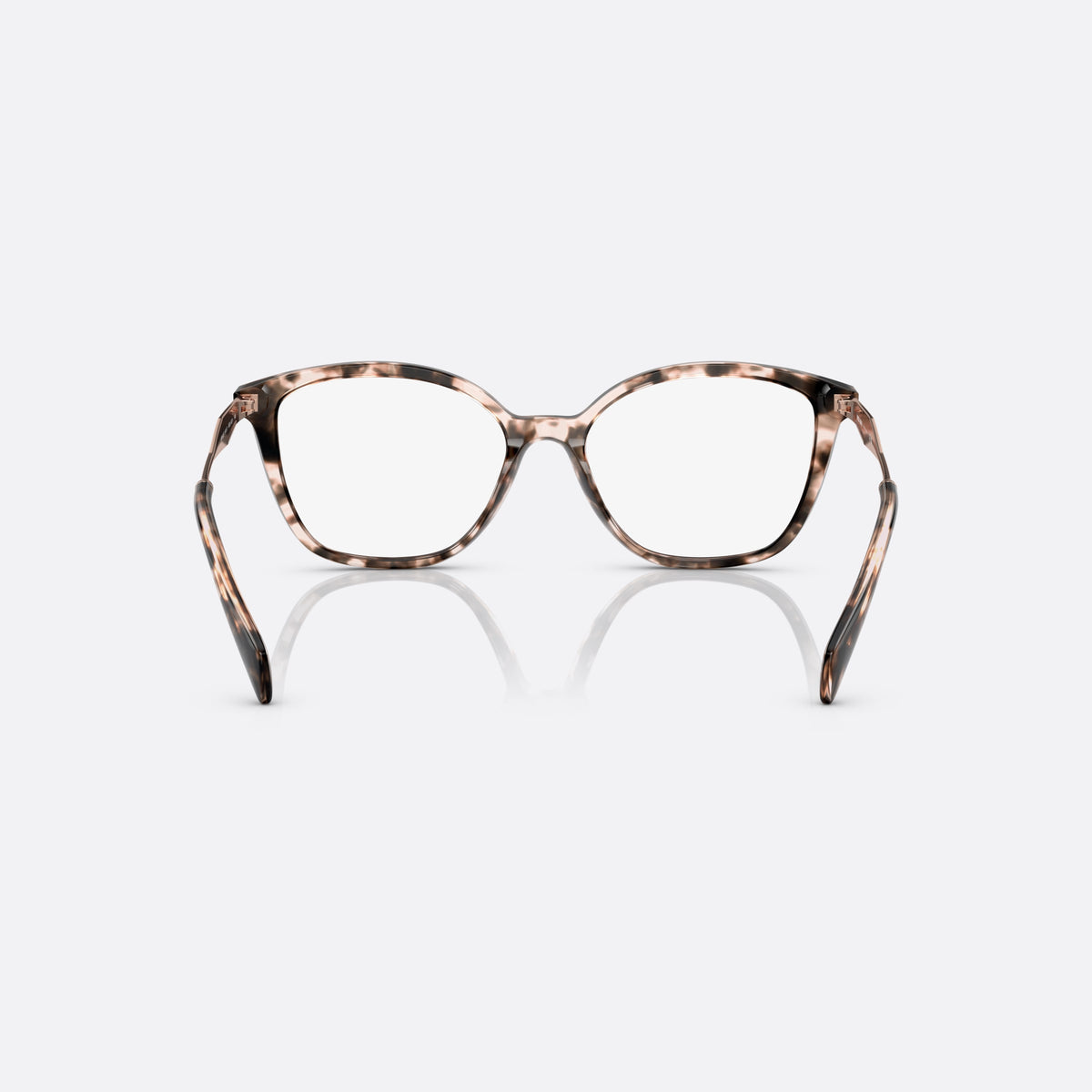 Prada PR 02ZV ROJ-1O1 eyeglasses, havana cat eye frame for women, keyhole bridge, brand lettering on temples, back view