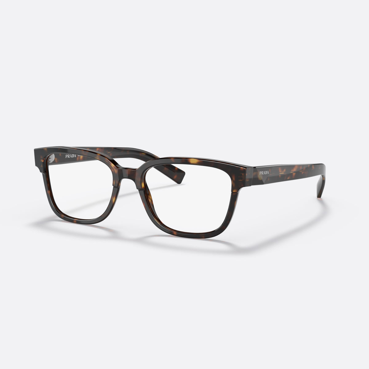 Prada PR 04YV 2AU1O1 eyeglasses, havana rectangle frame for men, plain bridge, brand lettering on temples, full-rim front