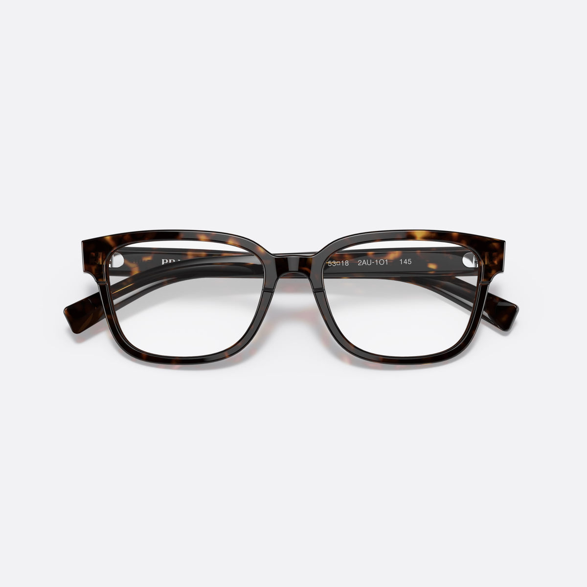 Prada PR 04YV 2AU1O1 eyeglasses, havana rectangle frame for men, plain bridge, brand lettering on temples, full-rim front, folded