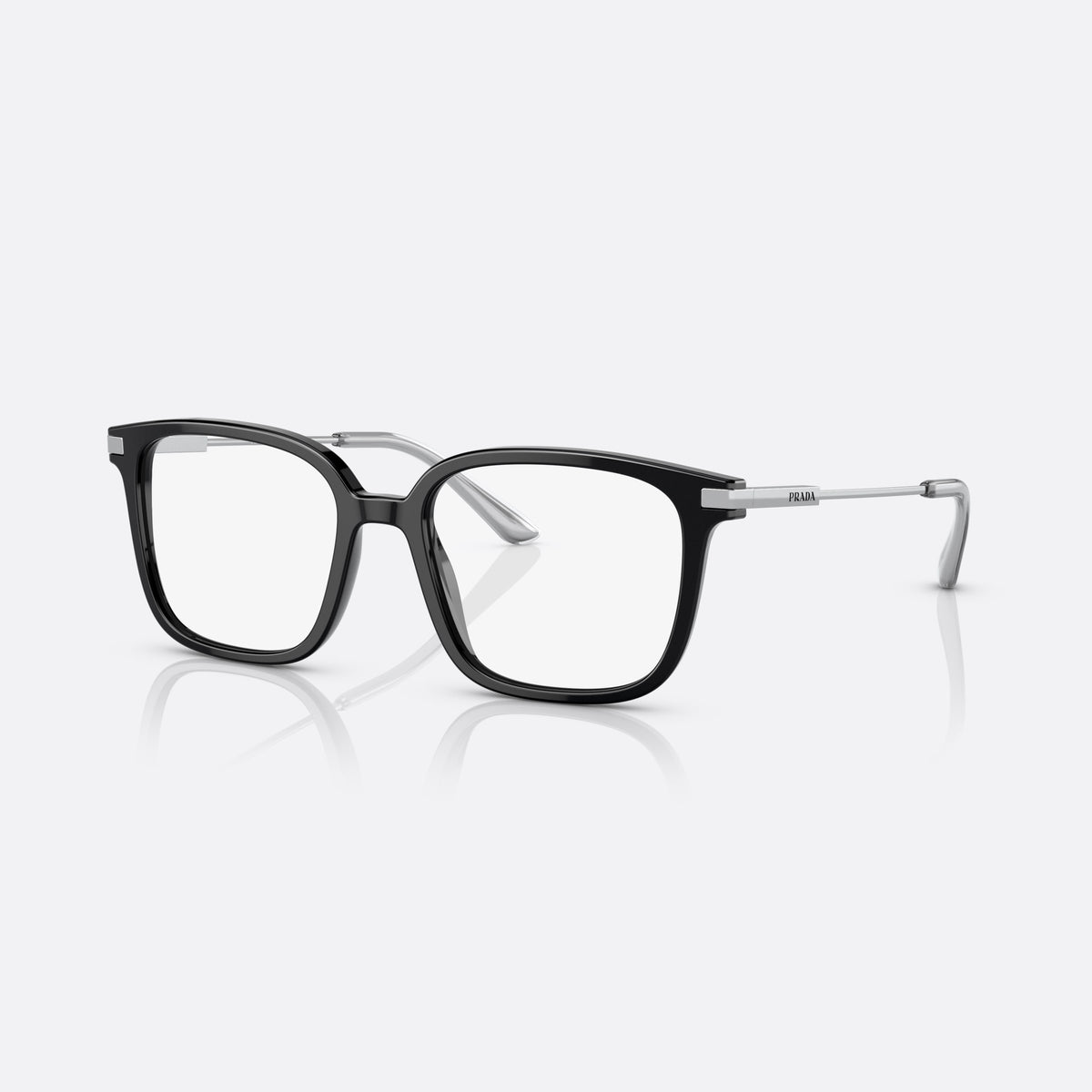 Prada PR 04ZV 1AB-1O1 eyeglasses, black geometric frame for men, plain bridge, brand lettering on temples, full-rim frame