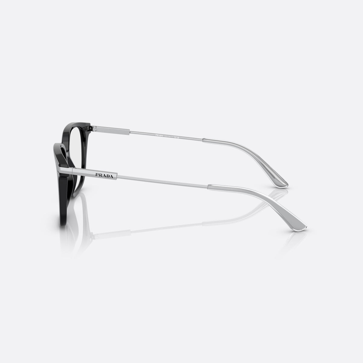 Prada PR 04ZV 1AB-1O1 eyeglasses, black geometric frame for men, plain bridge, brand lettering on temples, full-rim frame, side view