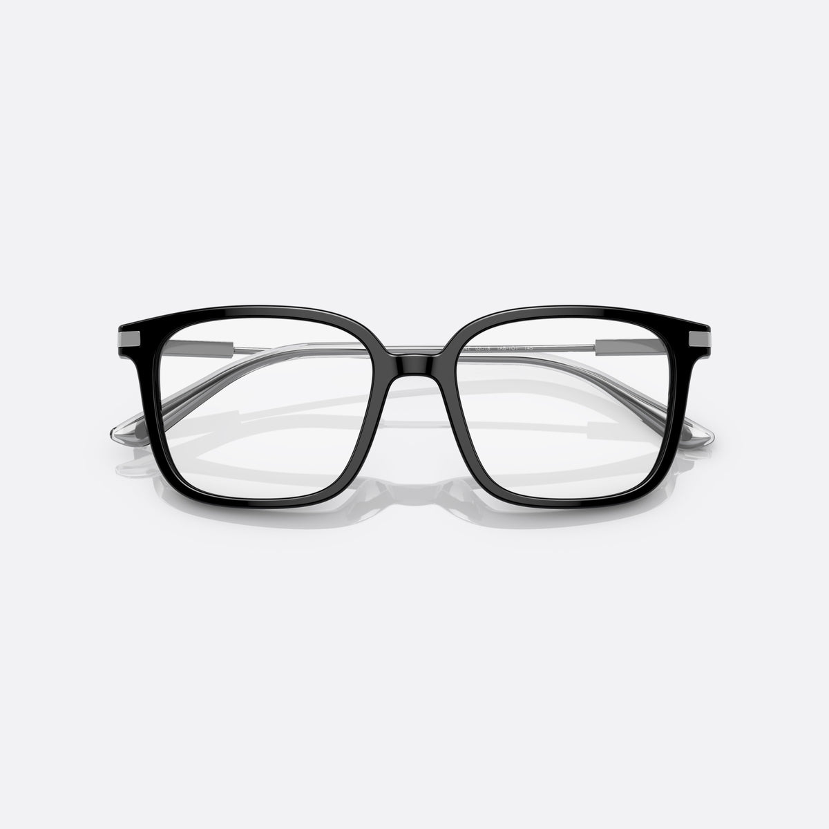 Prada PR 04ZV 1AB-1O1 eyeglasses, black geometric frame for men, plain bridge, brand lettering on temples, full-rim frame, folded