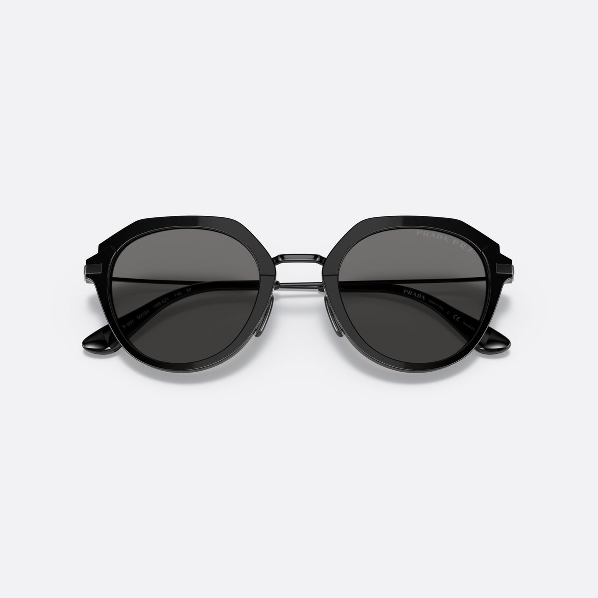 Prada PR 05YS 1AB5Z1 sunglasses, black phantos frame for men, metal saddle bridge, brand lettering on temples, folded