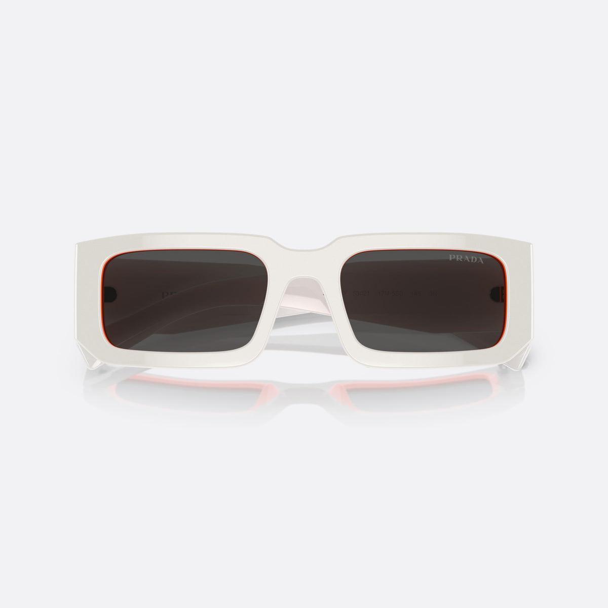 Prada PR 06YS 06YS sunglasses, white rectangle frame, unisex, plain bridge, integrated frame, wide temples, tapered ends, folded
